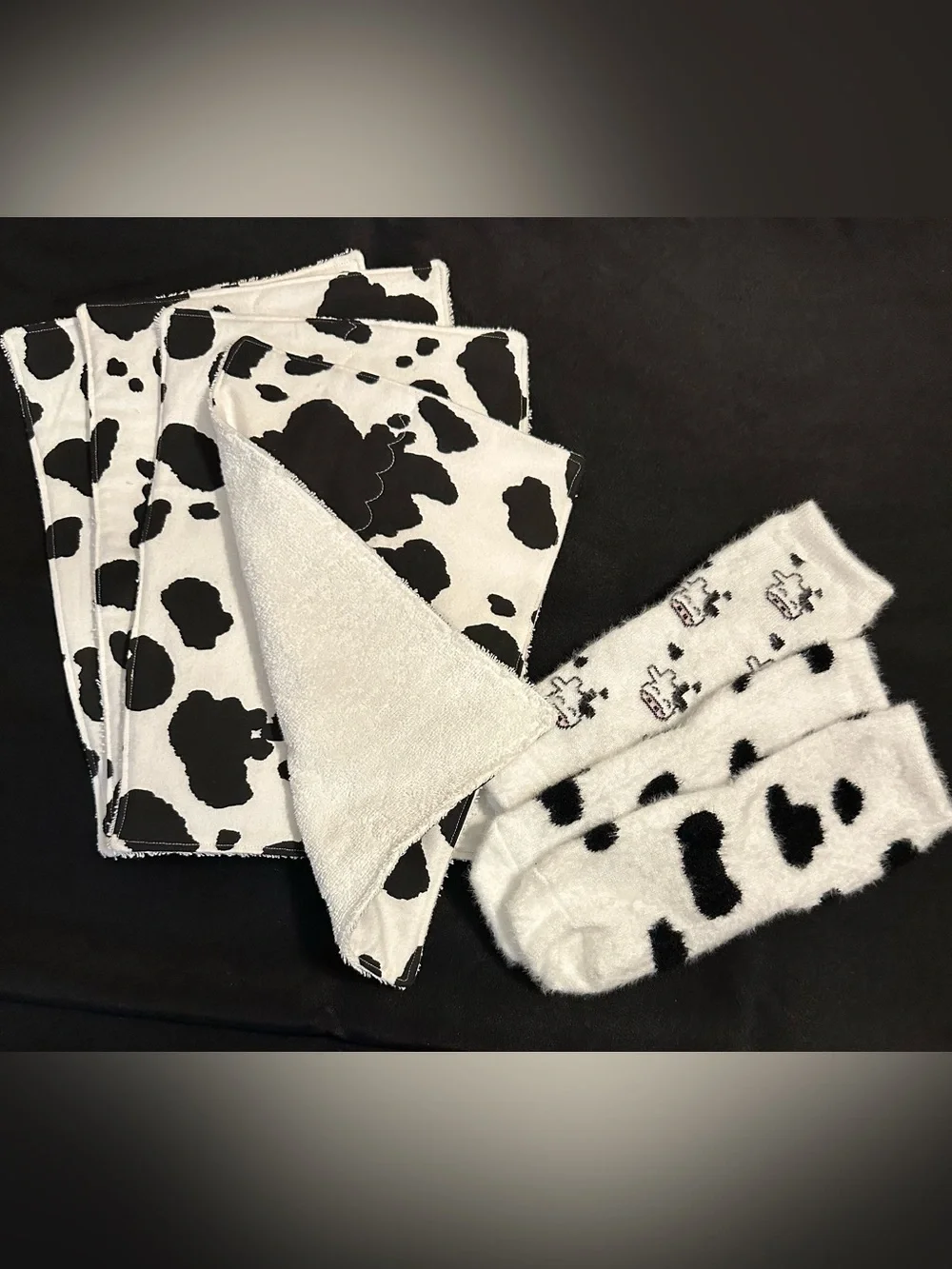 Handmade NoPaper Hand Towels Cow Print set of 4 & 2 pair cow socks